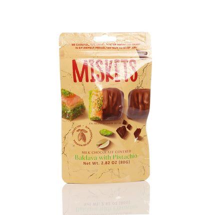 MISKETS MILK CHOCOLATE COATED DRIED BAKLAVA  WITH PISTACHIO