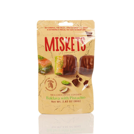 MISKETS MILK CHOCOLATE COATED DRIED BAKLAVA  WITH PISTACHIO