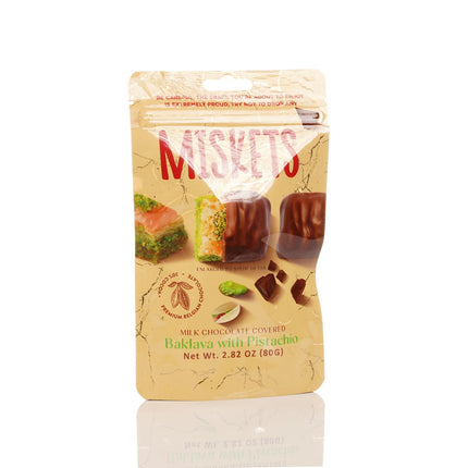 MISKETS MILK CHOCOLATE COATED DRIED BAKLAVA  WITH PISTACHIO
