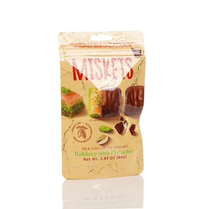 MISKETS MILK CHOCOLATE COATED DRIED BAKLAVA  WITH PISTACHIO
