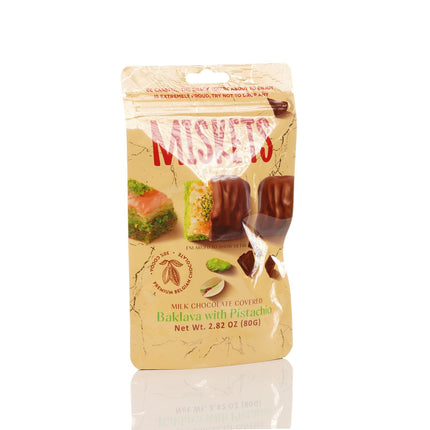 MISKETS MILK CHOCOLATE COATED DRIED BAKLAVA  WITH PISTACHIO