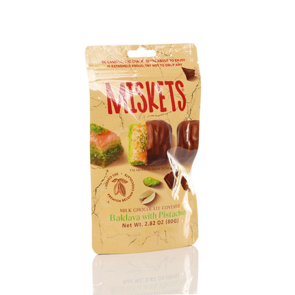 MISKETS MILK CHOCOLATE COATED DRIED BAKLAVA  WITH PISTACHIO