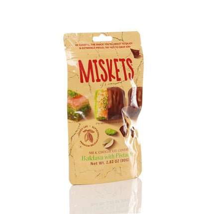 MISKETS MILK CHOCOLATE COATED DRIED BAKLAVA  WITH PISTACHIO