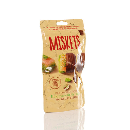 MISKETS MILK CHOCOLATE COATED DRIED BAKLAVA  WITH PISTACHIO