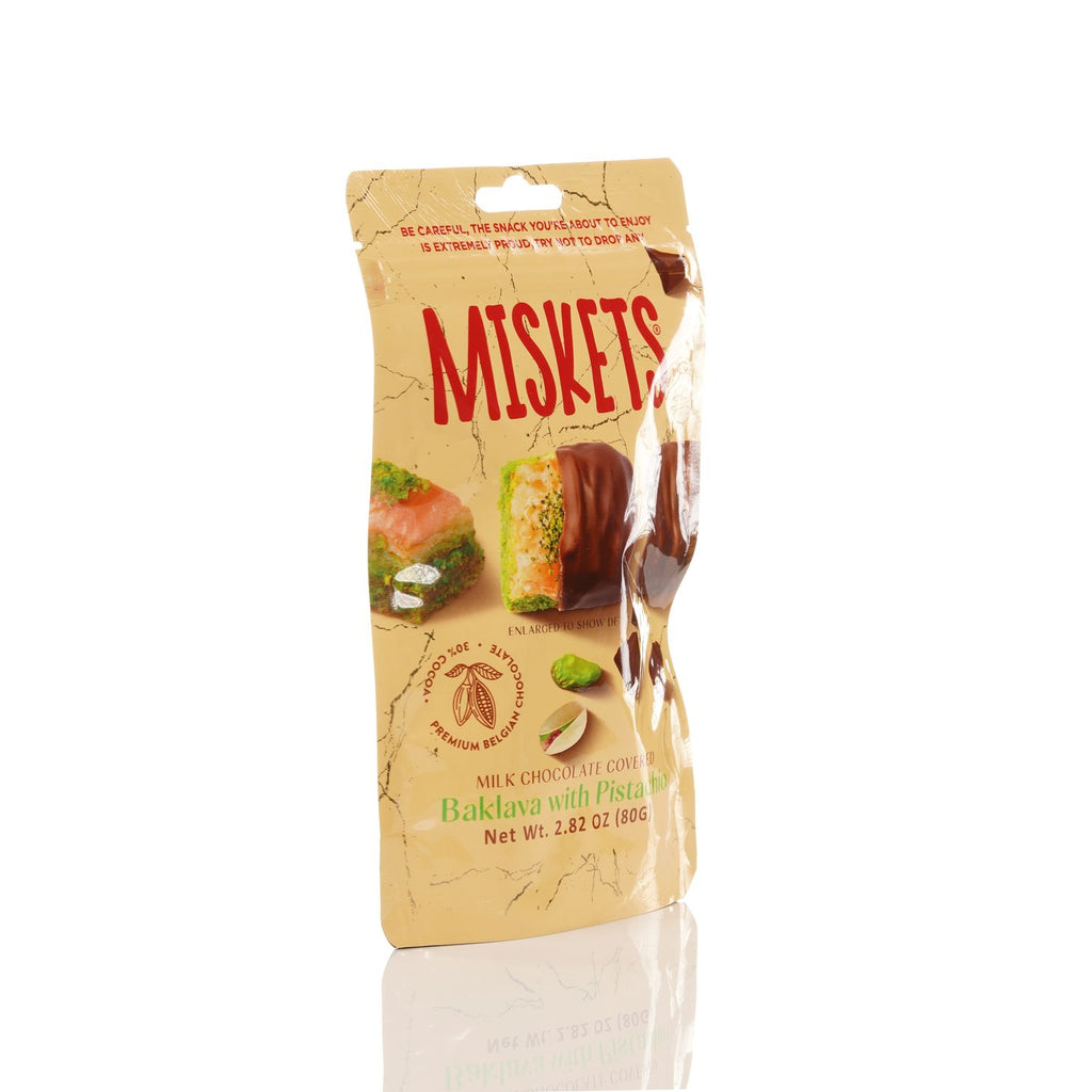 MISKETS MILK CHOCOLATE COATED DRIED BAKLAVA  WITH PISTACHIO