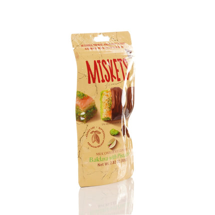 MISKETS MILK CHOCOLATE COATED DRIED BAKLAVA  WITH PISTACHIO