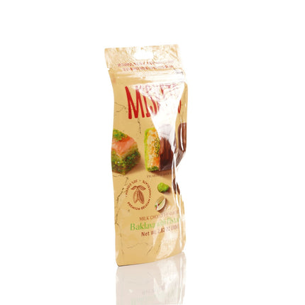 MISKETS MILK CHOCOLATE COATED DRIED BAKLAVA  WITH PISTACHIO