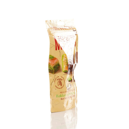 MISKETS MILK CHOCOLATE COATED DRIED BAKLAVA  WITH PISTACHIO