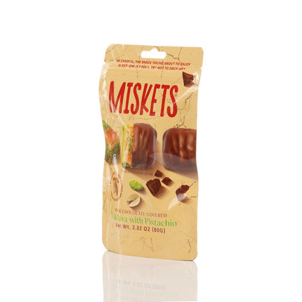 MISKETS MILK CHOCOLATE COATED DRIED BAKLAVA  WITH PISTACHIO