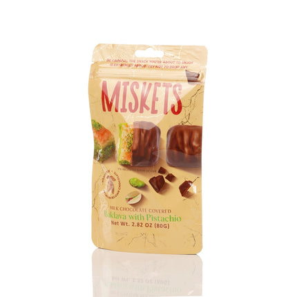 MISKETS MILK CHOCOLATE COATED DRIED BAKLAVA  WITH PISTACHIO