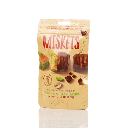 MISKETS MILK CHOCOLATE COATED DRIED BAKLAVA  WITH PISTACHIO