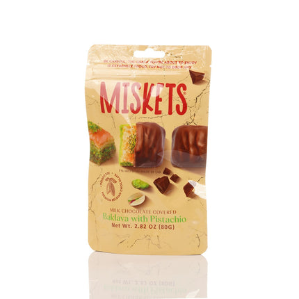 MISKETS MILK CHOCOLATE COATED DRIED BAKLAVA  WITH PISTACHIO