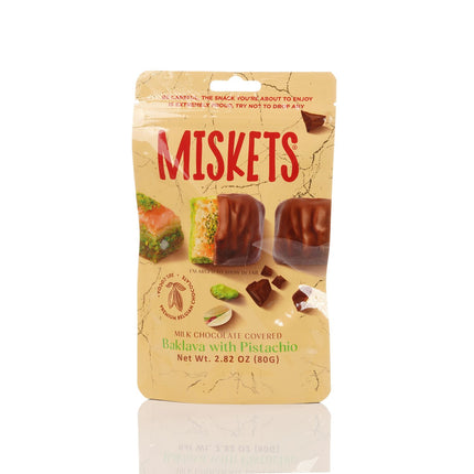 MISKETS MILK CHOCOLATE COATED DRIED BAKLAVA  WITH PISTACHIO