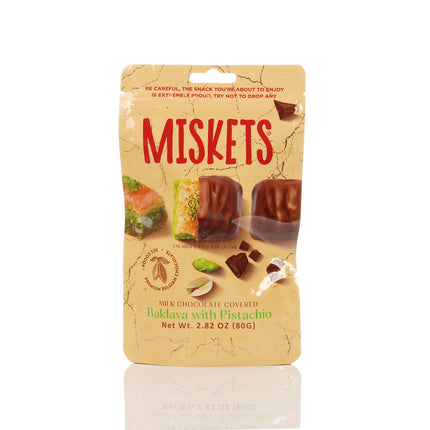 MISKETS MILK CHOCOLATE COATED DRIED BAKLAVA  WITH PISTACHIO