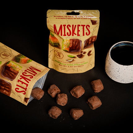 MISKETS MILK CHOCOLATE COATED DRIED BAKLAVA  WITH PISTACHIO