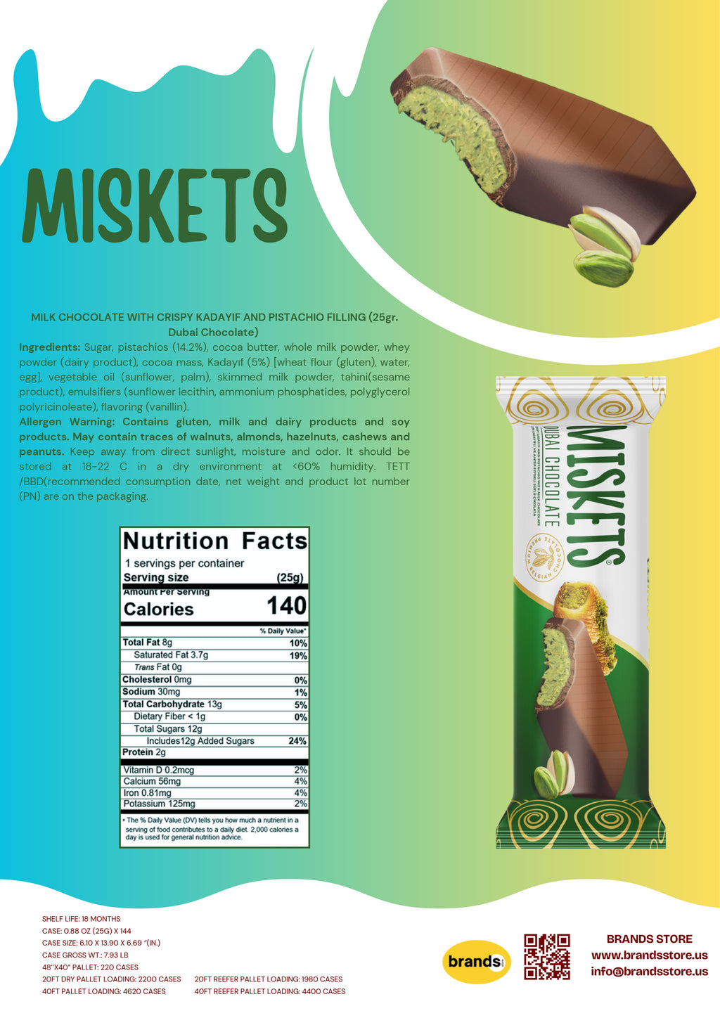 MISKETS MILK CHOCOLATE WITH CRISPY KADAYIF AND PISTACHIO FILLING (25gr.  Dubai Chocolate)