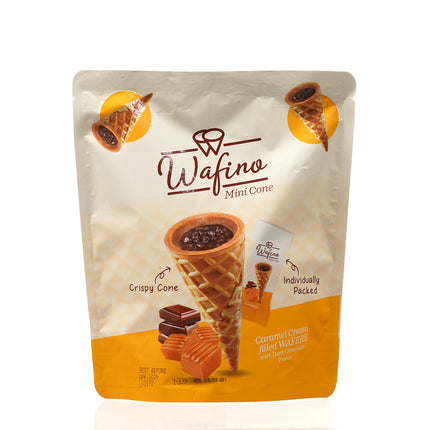 WAFINO WAFFLE CONES FILLED WITH MILK CHOCOLATE AND CARAMEL CREAM (100gr)