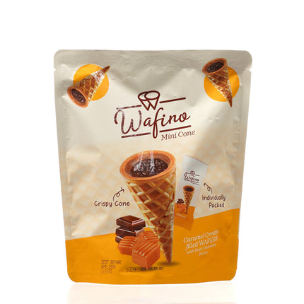 WAFINO WAFFLE CONES FILLED WITH MILK CHOCOLATE AND CARAMEL CREAM (100gr)