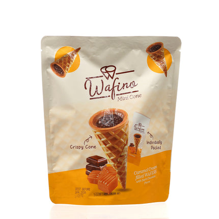 WAFINO WAFFLE CONES FILLED WITH MILK CHOCOLATE AND CARAMEL CREAM (100gr)
