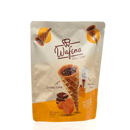 WAFINO WAFFLE CONES FILLED WITH MILK CHOCOLATE AND CARAMEL CREAM (100gr)