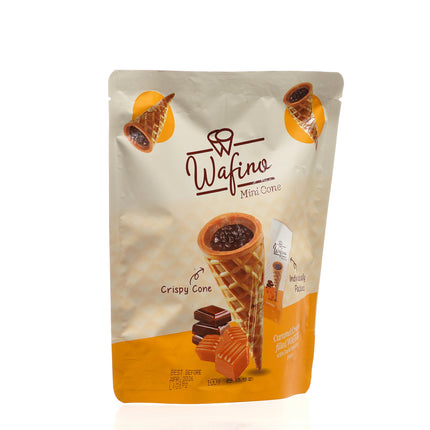 WAFINO WAFFLE CONES FILLED WITH MILK CHOCOLATE AND CARAMEL CREAM (100gr)