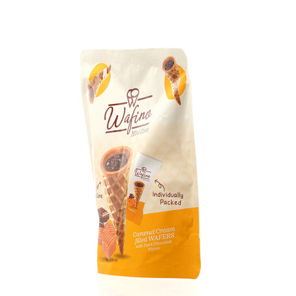 WAFINO WAFFLE CONES FILLED WITH MILK CHOCOLATE AND CARAMEL CREAM (100gr)