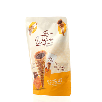 WAFINO WAFFLE CONES FILLED WITH MILK CHOCOLATE AND CARAMEL CREAM (100gr)