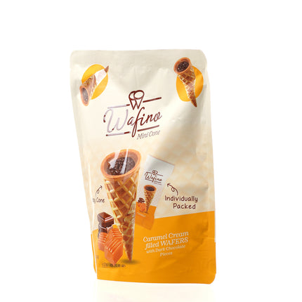 WAFINO WAFFLE CONES FILLED WITH MILK CHOCOLATE AND CARAMEL CREAM (100gr)
