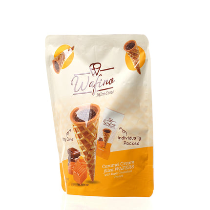 WAFINO WAFFLE CONES FILLED WITH MILK CHOCOLATE AND CARAMEL CREAM (100gr)