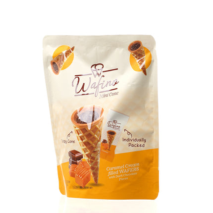 WAFINO WAFFLE CONES FILLED WITH MILK CHOCOLATE AND CARAMEL CREAM (100gr)
