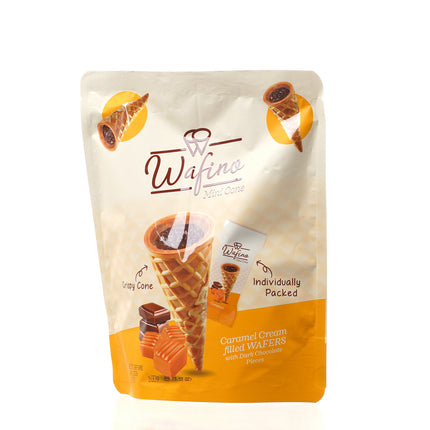 WAFINO WAFFLE CONES FILLED WITH MILK CHOCOLATE AND CARAMEL CREAM (100gr)