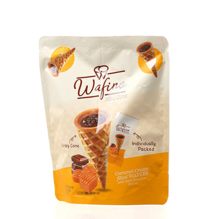 WAFINO WAFFLE CONES FILLED WITH MILK CHOCOLATE AND CARAMEL CREAM (100gr)