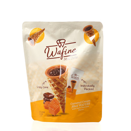 WAFINO WAFFLE CONES FILLED WITH MILK CHOCOLATE AND CARAMEL CREAM (100gr)