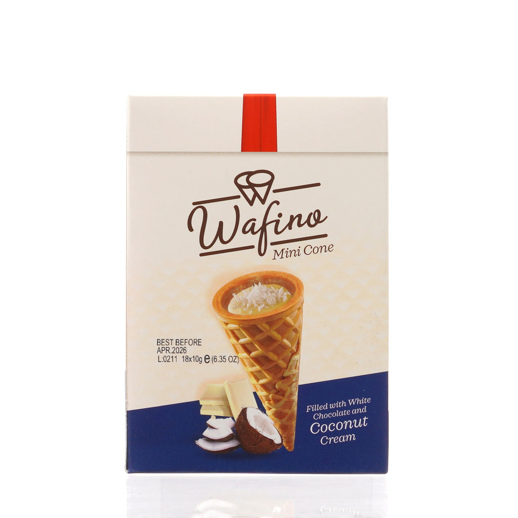 WAFINO WAFFLE CONES FILLED WITH WHITE CHOCOLATE AND COCONUT CREAM