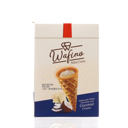 WAFINO WAFFLE CONES FILLED WITH WHITE CHOCOLATE AND COCONUT CREAM