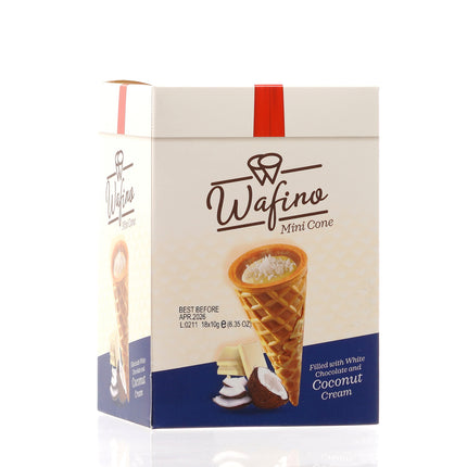 WAFINO WAFFLE CONES FILLED WITH WHITE CHOCOLATE AND COCONUT CREAM