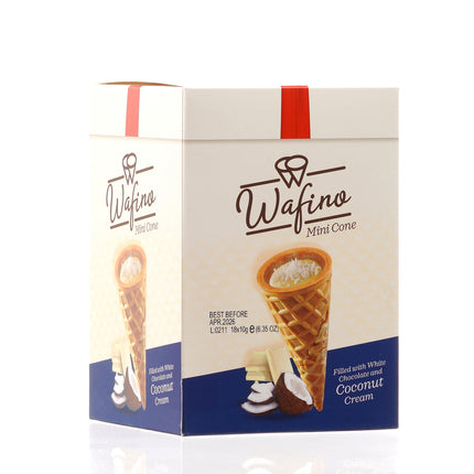 WAFINO WAFFLE CONES FILLED WITH WHITE CHOCOLATE AND COCONUT CREAM