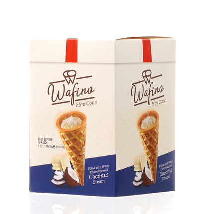 WAFINO WAFFLE CONES FILLED WITH WHITE CHOCOLATE AND COCONUT CREAM