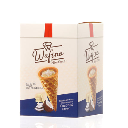 WAFINO WAFFLE CONES FILLED WITH WHITE CHOCOLATE AND COCONUT CREAM