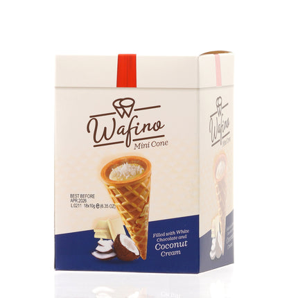 WAFINO WAFFLE CONES FILLED WITH WHITE CHOCOLATE AND COCONUT CREAM