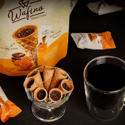 WAFINO WAFFLE CONES FILLED WITH MILK CHOCOLATE AND CARAMEL CREAM (100gr)