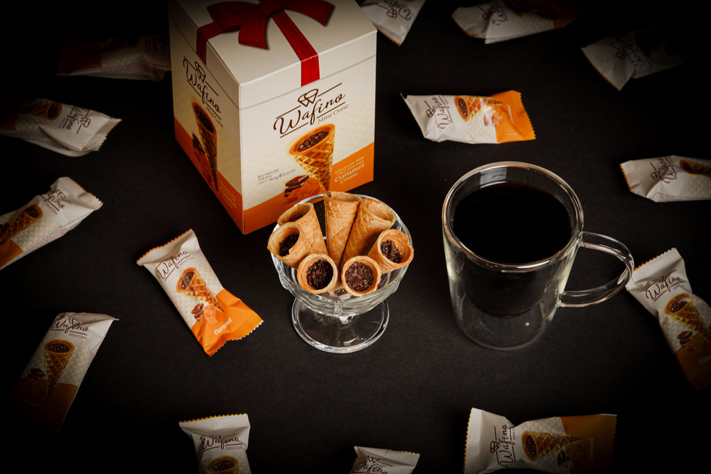 WAFINO WAFFLE CONES FILLED WITH MILK CHOCOLATE AND  CARAMEL CREAM(180gr)