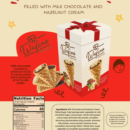 WAFINO WAFFLE CONES FILLED WITH MILK CHOCOLATE AND HAZELNUT CREAM(180gr)