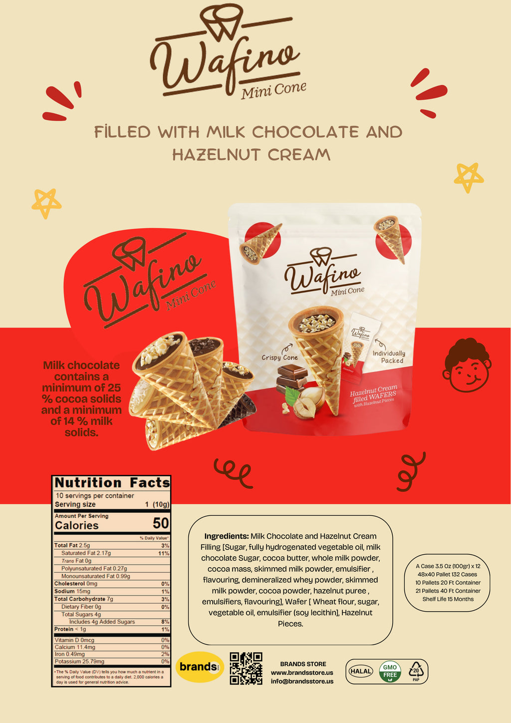 WAFINO WAFFLE CONES FILLED WITH MILK CHOCOLATE AND HAZELNUT CREAM(100gr)