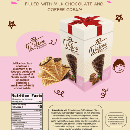WAFINO WAFFLE CONES FILLED WITH MILK CHOCOLATE AND COFFEE CREAM