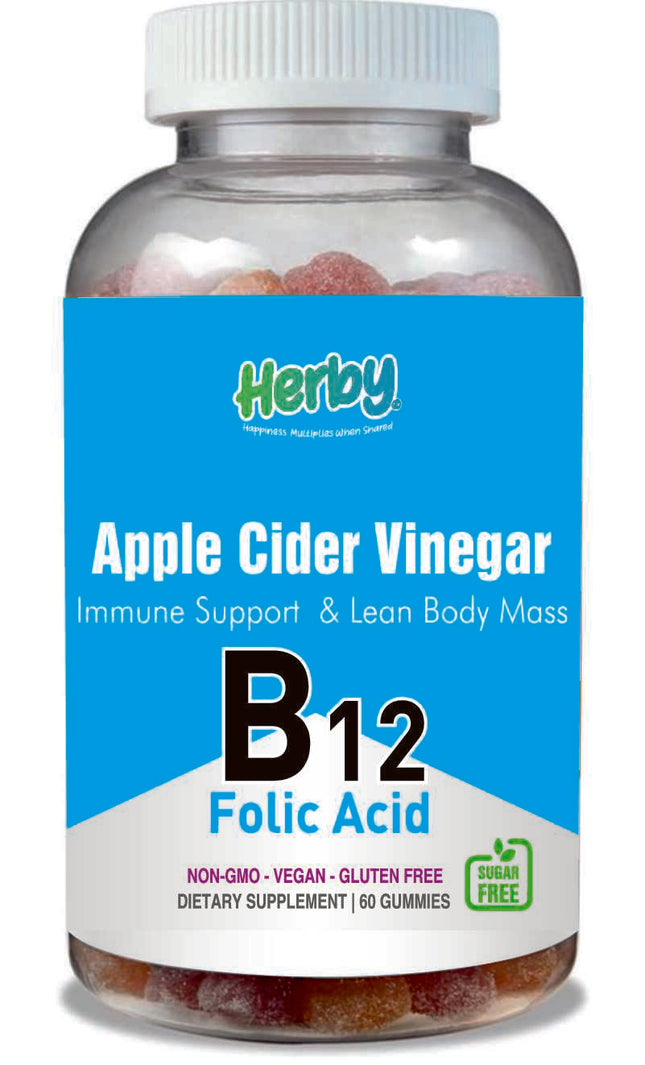 B12 Folic Acid Gummies, Apple Cider Vinegar, Dietary Supplement Immune Support & Lean Body Mass (60 Gummies)