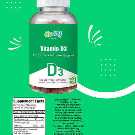 Vitamin D3 Dietary Supplement for Bone & Immune Support, 60 Gummies