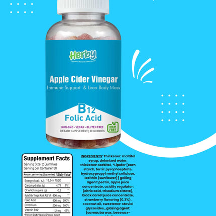 B12 Folic Acid Gummies, Apple Cider Vinegar, Dietary Supplement Immune Support & Lean Body Mass (60 Gummies)