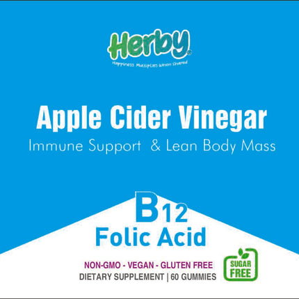 B12 Folic Acid Gummies, Apple Cider Vinegar, Dietary Supplement Immune Support & Lean Body Mass (60 Gummies)