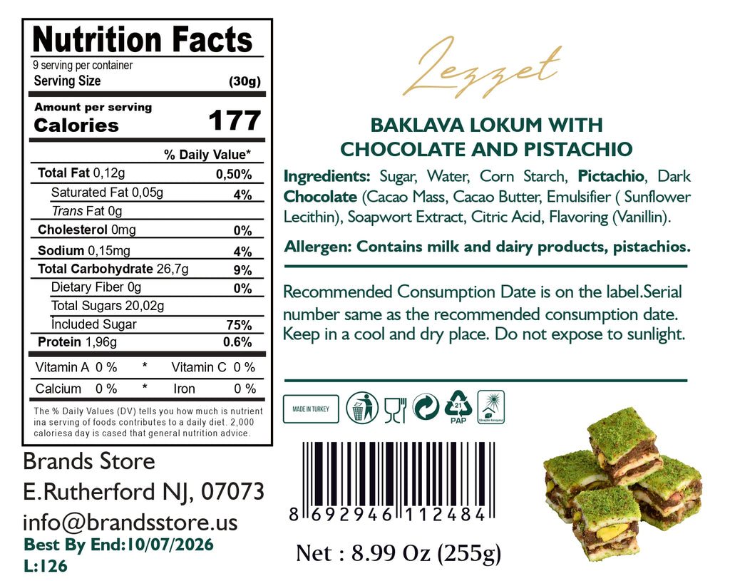 BAKLAVA LOKUM WITH CHOCOLATE AND PISTACHIO 9 PACK